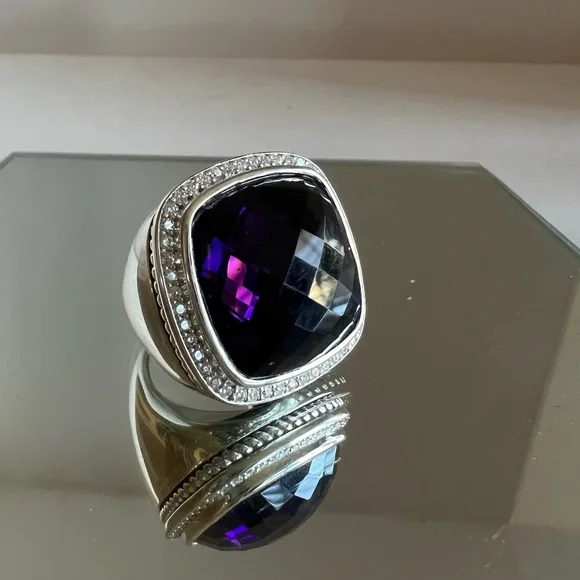 David Yurman 20mm sterling silver diamond amethyst ring NEW⭐️ - Picture 8 of 10